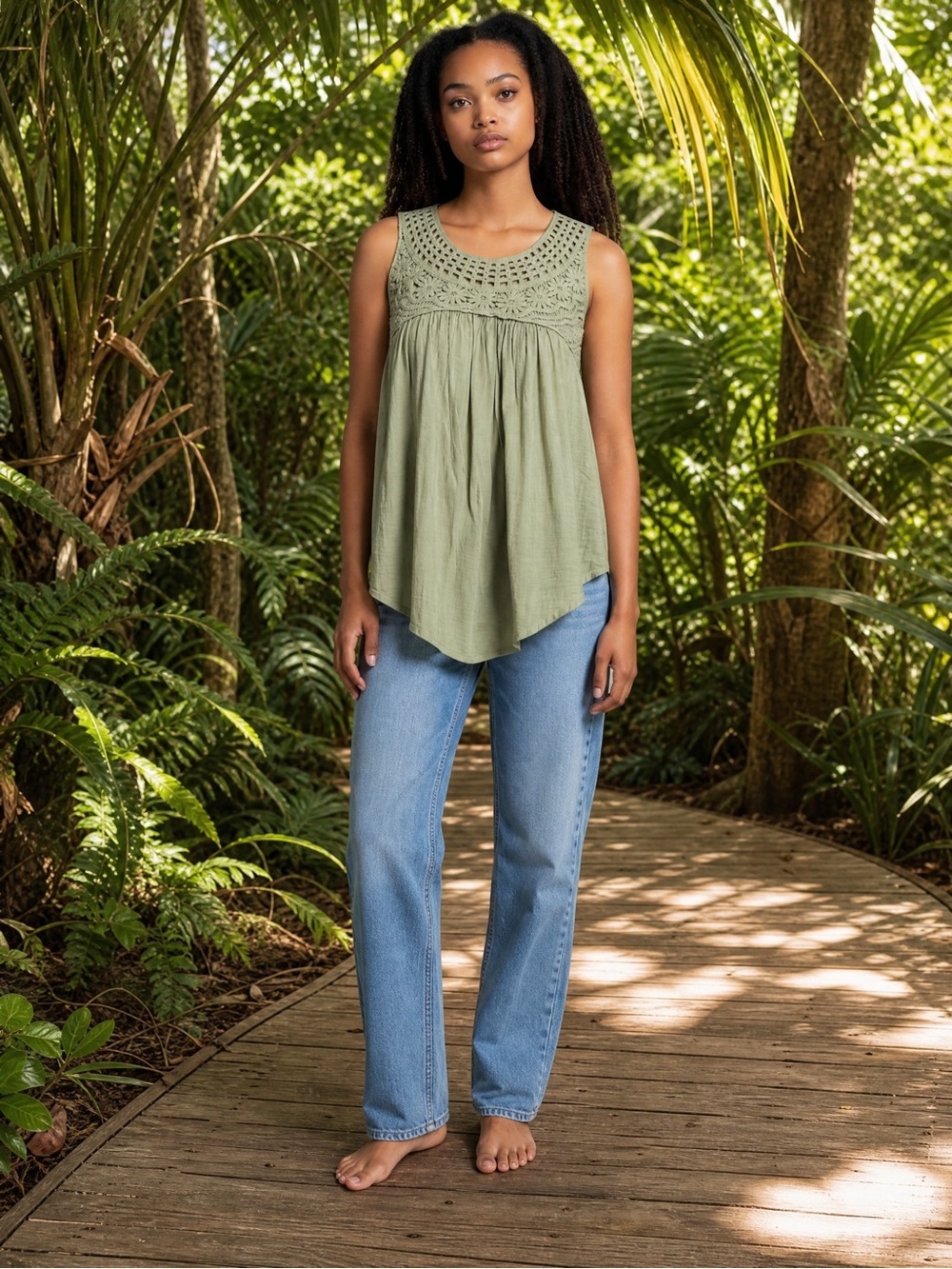 Spense Olive Crochet-Yoke Sleeveless Tunic Top Size L